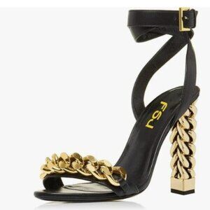 FSJ Women Flower Gold Metal Chain Chunky High Heels Ankle Strap Sandals Black